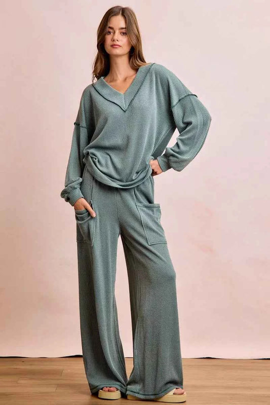 Two Tone Cord Rib Contrast Stitching V-Neck Top and Pants Set a4b1f27eb4ce4898b3c67ed261008110-Max-Origin