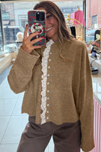 Simply Taupe Contrast Frilled Lace Trim Loose Cardigan Sweater a4b312a2de9c71bb