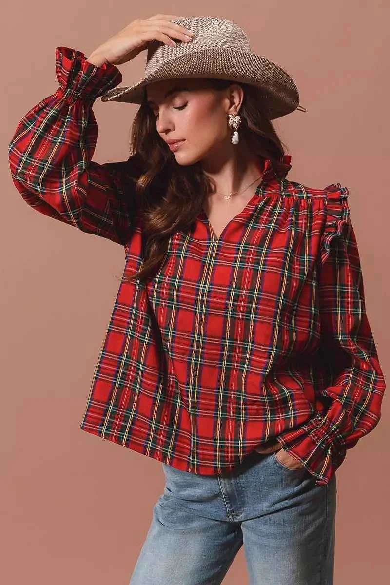SO ME Christmas Checkered Plaid Smocked Blouse a4b4d740830b45cd877327c30f59b5f4-Max-Origin