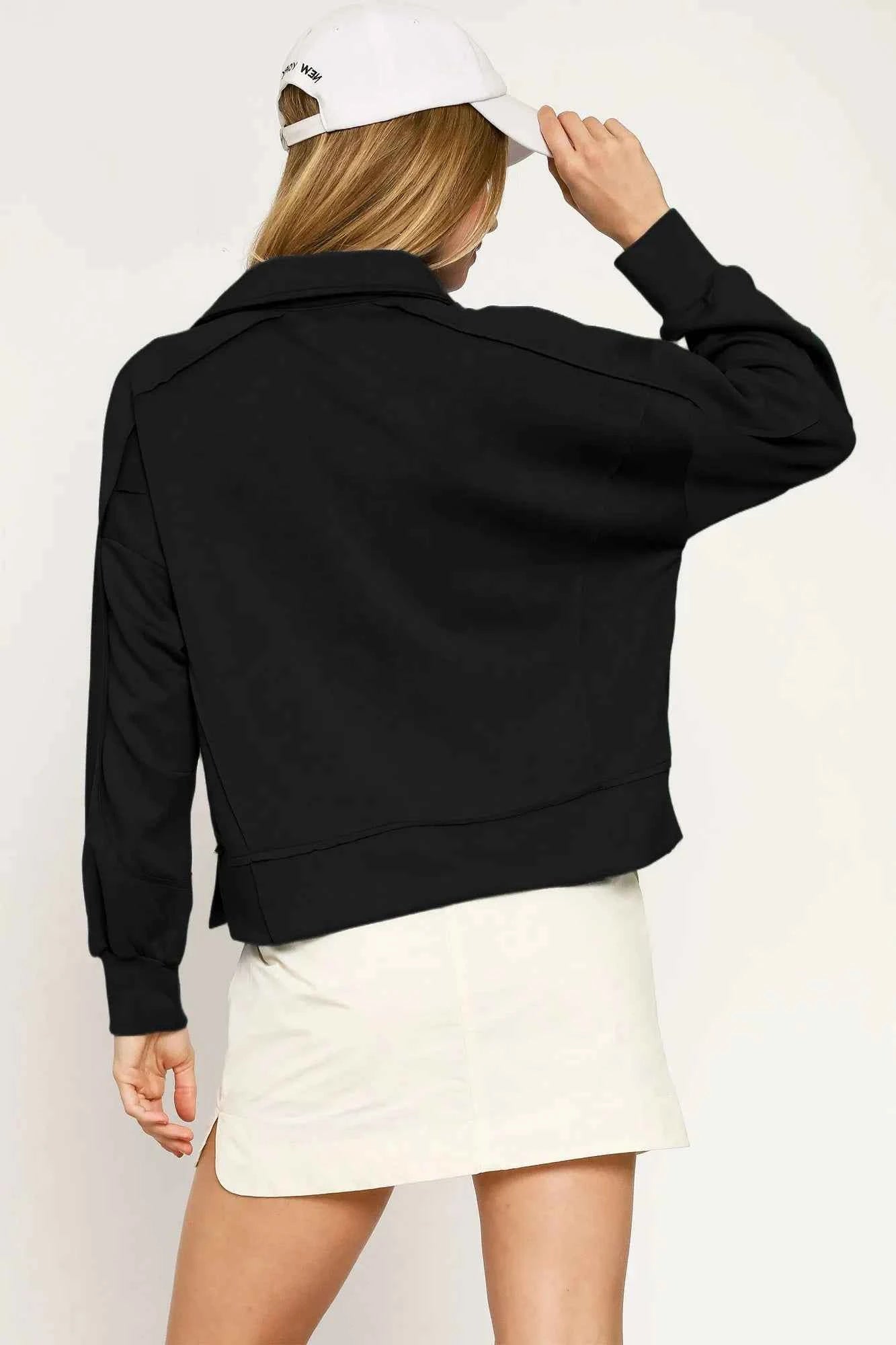 Umgee Collared Neck Long Sleeve Top with Raw Hem Detail a4b6b0c5-e0d3-4e49-b01c-648e41906df5-Max-Origin