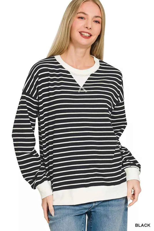 Zenana Contrast Striped Round Neck Sweatshirt BLACK a4bc0065e987462684119665712f7381-Max-Origin