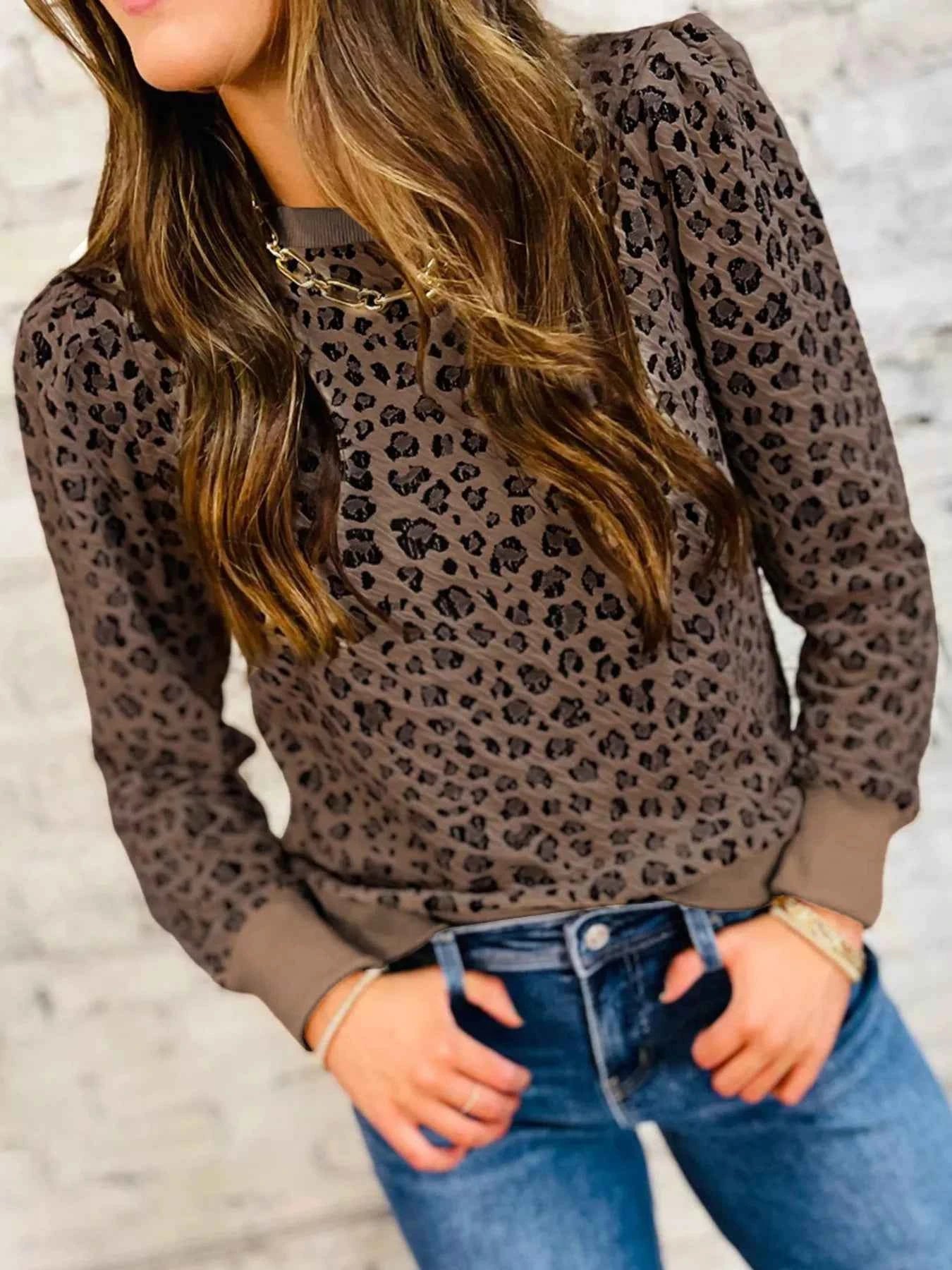 Ribbed Trim Leopard Print Long Sleeve Top Brown a4beb331db8349a8abb1d7d59b3a3201-Max-Origin