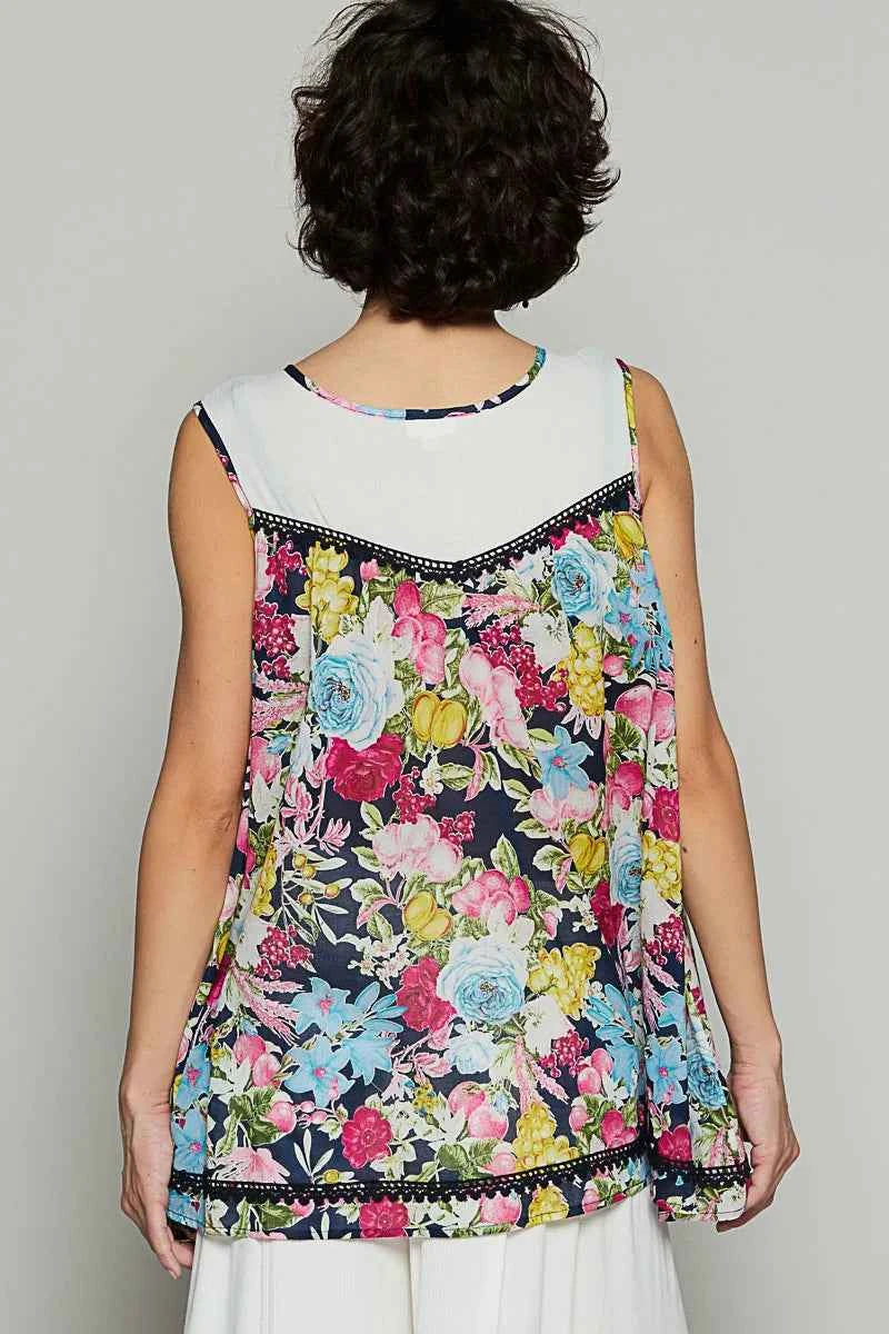 POL Lace Detail Floral Print Sleeveless Blouse a4c45e2f-584e-43f7-8674-cc14873069ab-Max-Origin