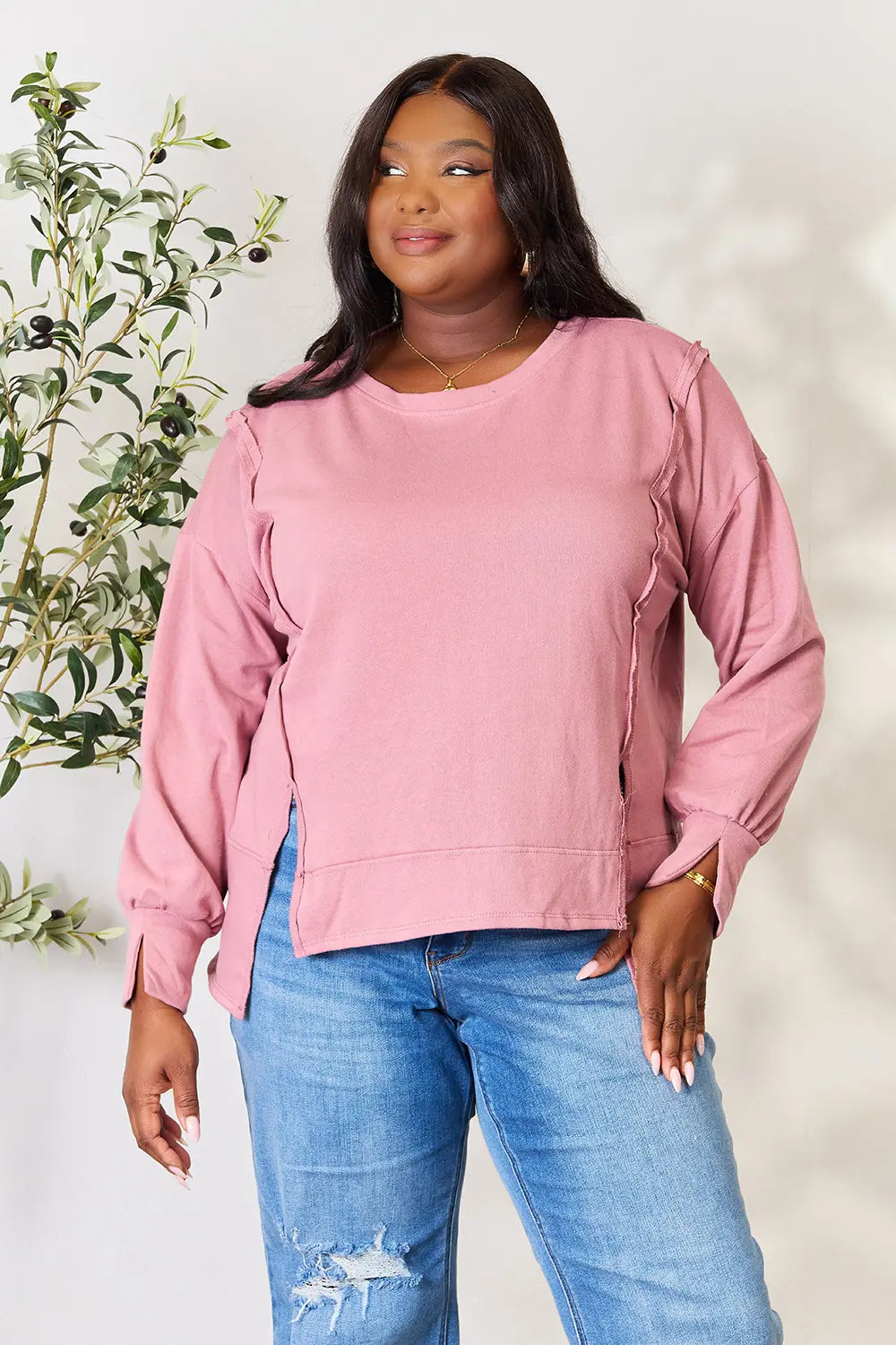 Culture Code Full Size Round Neck Exposed Seam Slit Top L. Red Bean a4c77cb137464b50ba1d10052b252c7a-Max