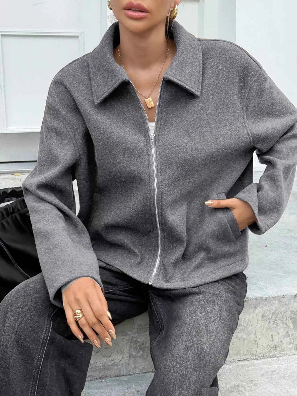 Zip-Up Dropped Shoulder Jacket a4d0a1afffc44e3995eddd3162710c44-Max-Origin