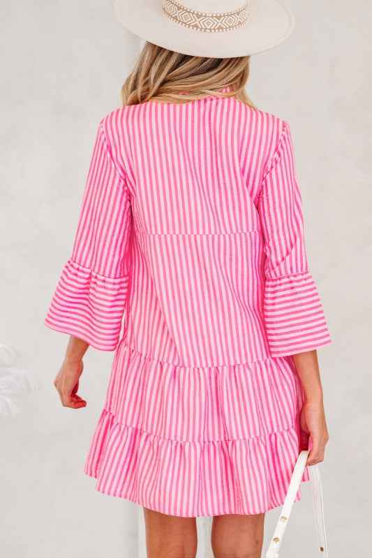Stripe V-Neck Flare Sleeve Tiered Mini Dress a4d140a0-8a06-4b45-b69d-a6a9519e08da