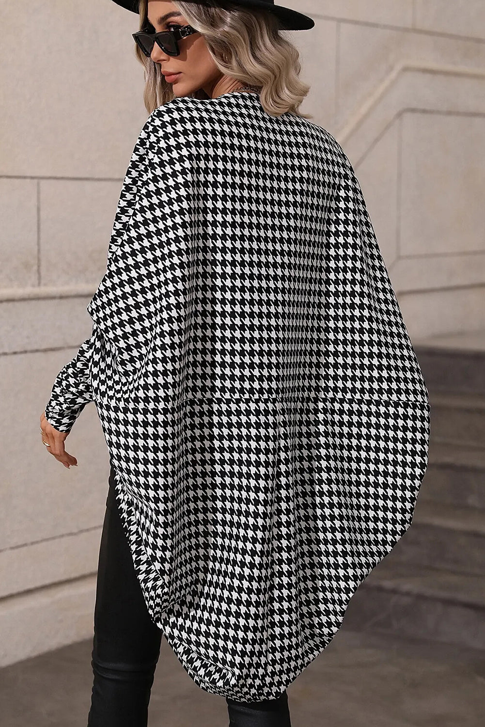 Black Houndstooth Print Open Front Long Dolman Cardigan