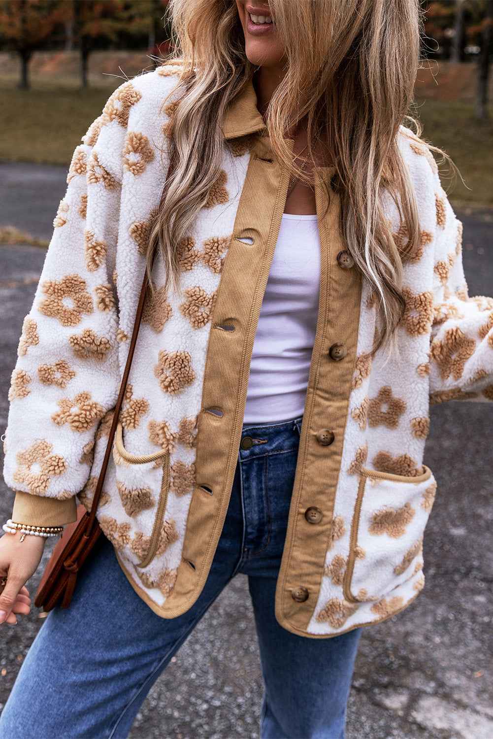 Light French Beige Cute Flower Pattern Button Up Fleece Jacket a4d48d9ba4998445