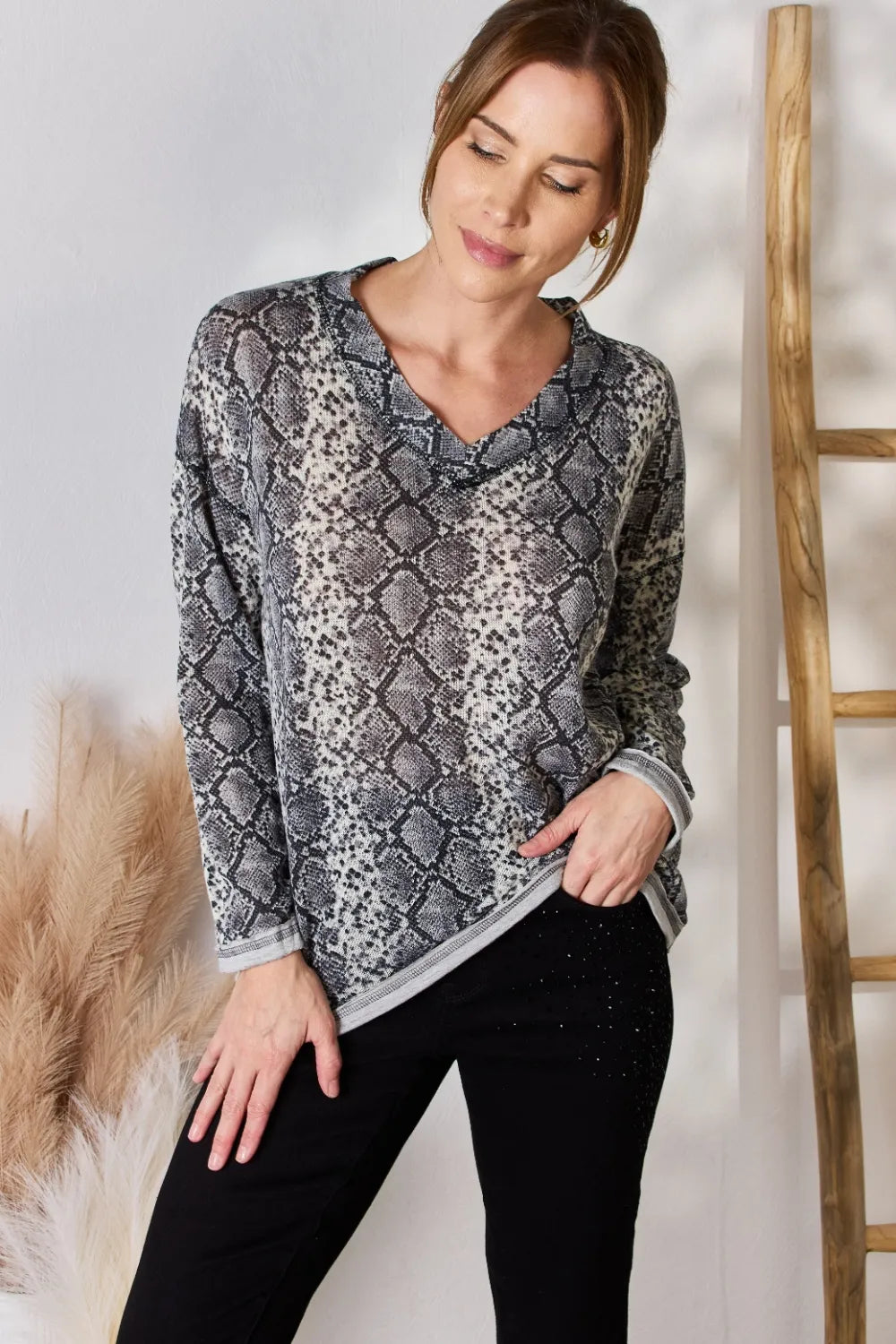 Hailey & Co Full Size Snakeskin V-Neck Long Sleeve Top a4dcbb51-3956-46d5-aa9b-1e0648ad66ca-Max