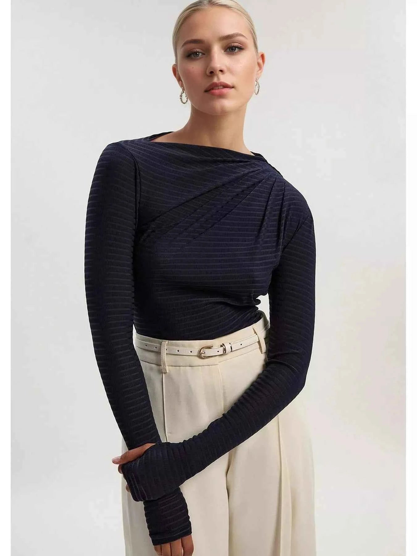 Ruched Striped Long Sleeve Top Navy a4e1d8a33df944d297544b4d57b172ba-Max-Origin