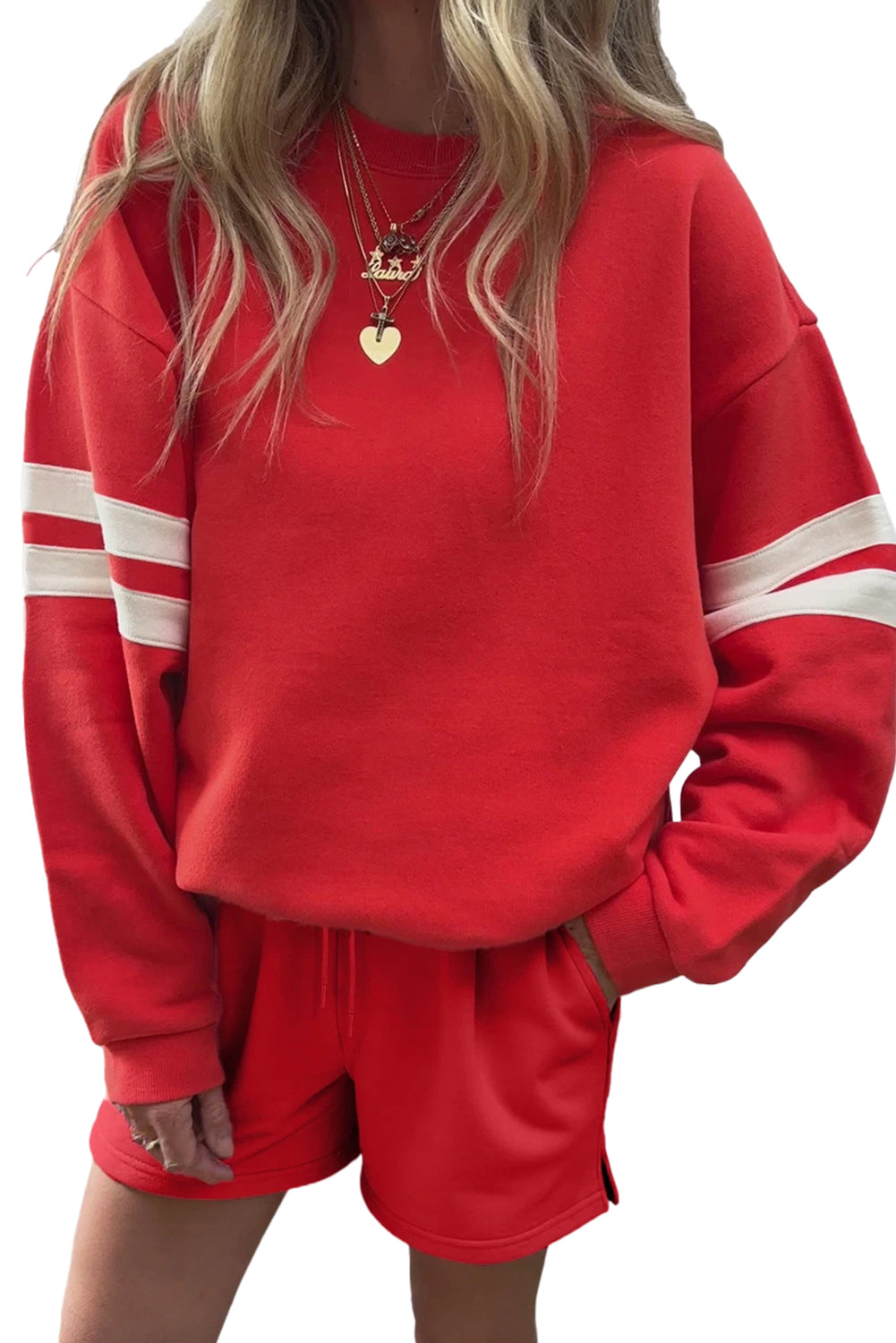 Orange Varsity Striped Sleeve Drop Shoulder Sweatshirt and Shorts Set a4e4e7790faf18df