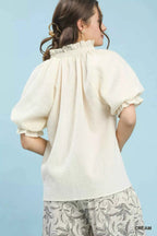 Umgee Textured Puff Sleeve Split Neck Top a4ea9281-4389-4da3-8b1d-a40c940e5d10-Max-Origin