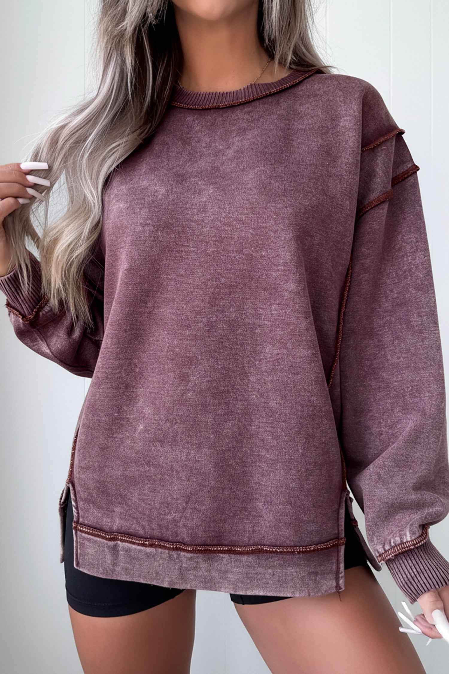 Valerian Mineral Wash Exposed Seam Side Slit Sweatshirt Red Sandalwood 80%Cotton+20%Polyester a4fdeea443561f33