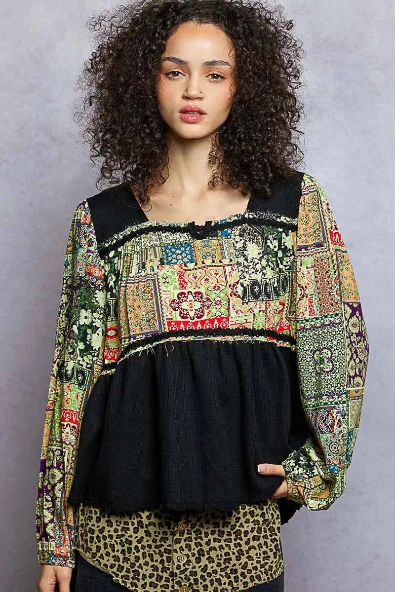 POL Balloon Sleeve Peplum Blouse with Trim Detail Black a50eb940-b3b6-40be-9a21-0229317f7da4-Max-Origin