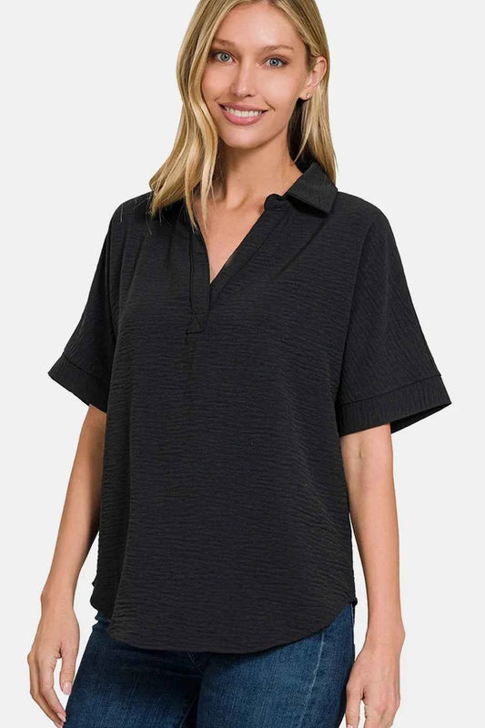 Full Size Texture Collared Neck Short Sleeve Top Black a518aef2-ff19-453c-b881-98d26658b5c1-Max