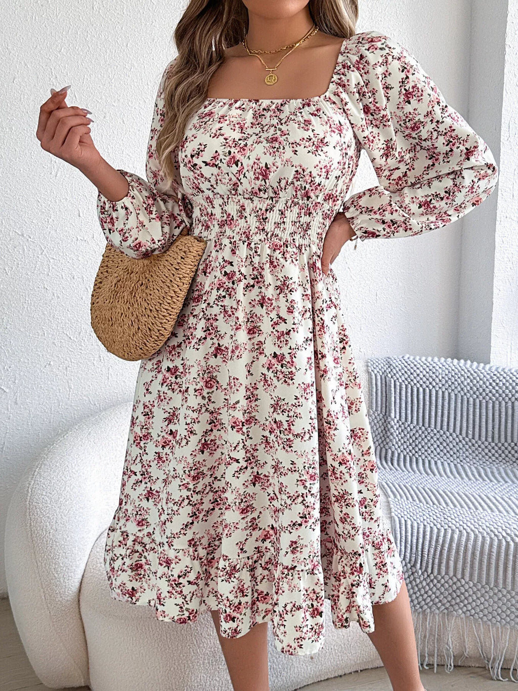 Floral Print Long Sleeve Square Neck Midi Dress a5198e9027224499b5afa7367b6eed96-Max-Origin