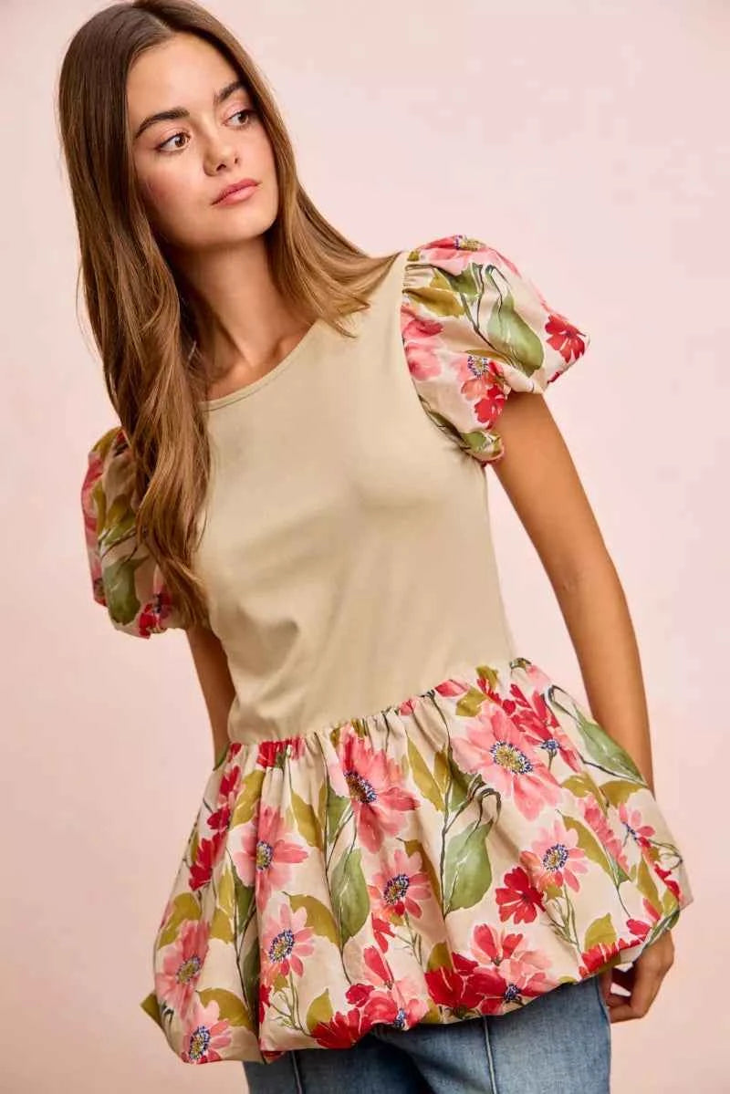 BiBi Floral Printed Bubble Sleeves and Hem Peplum Top a51da361e29a4473a7ea4cb02a1c8fde-Max-Origin