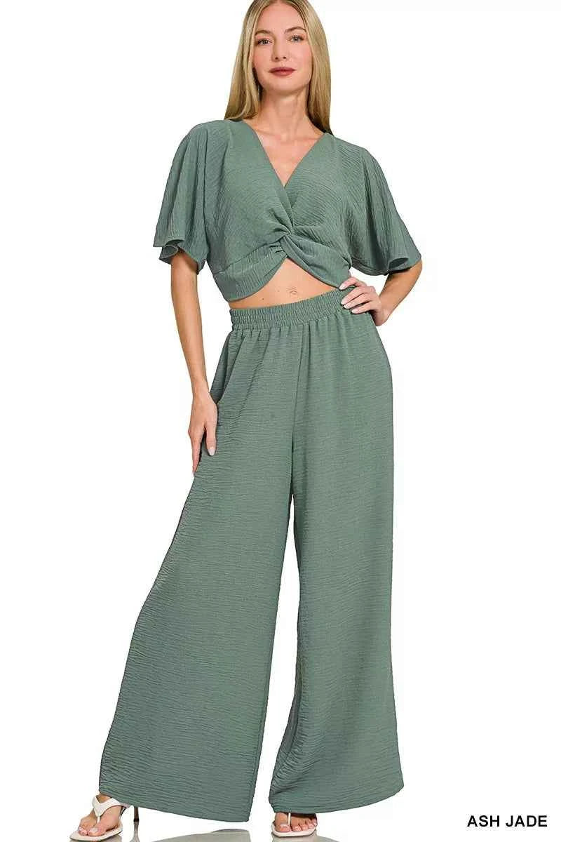 Zenana Woven Airflow Twisted Top & Wide Leg Pants Set ASH JADE a525c19798c1428d889a294dcc86a4a0-Max-Origin