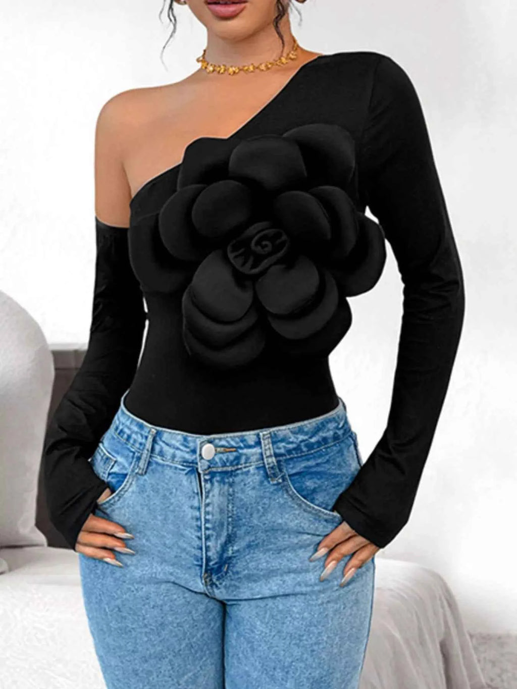 Flower Long Sleeve Single Shoulder Bodysuit a527a63f-6d87-47c0-8c28-6becb3ae6c4d-Max-Origin