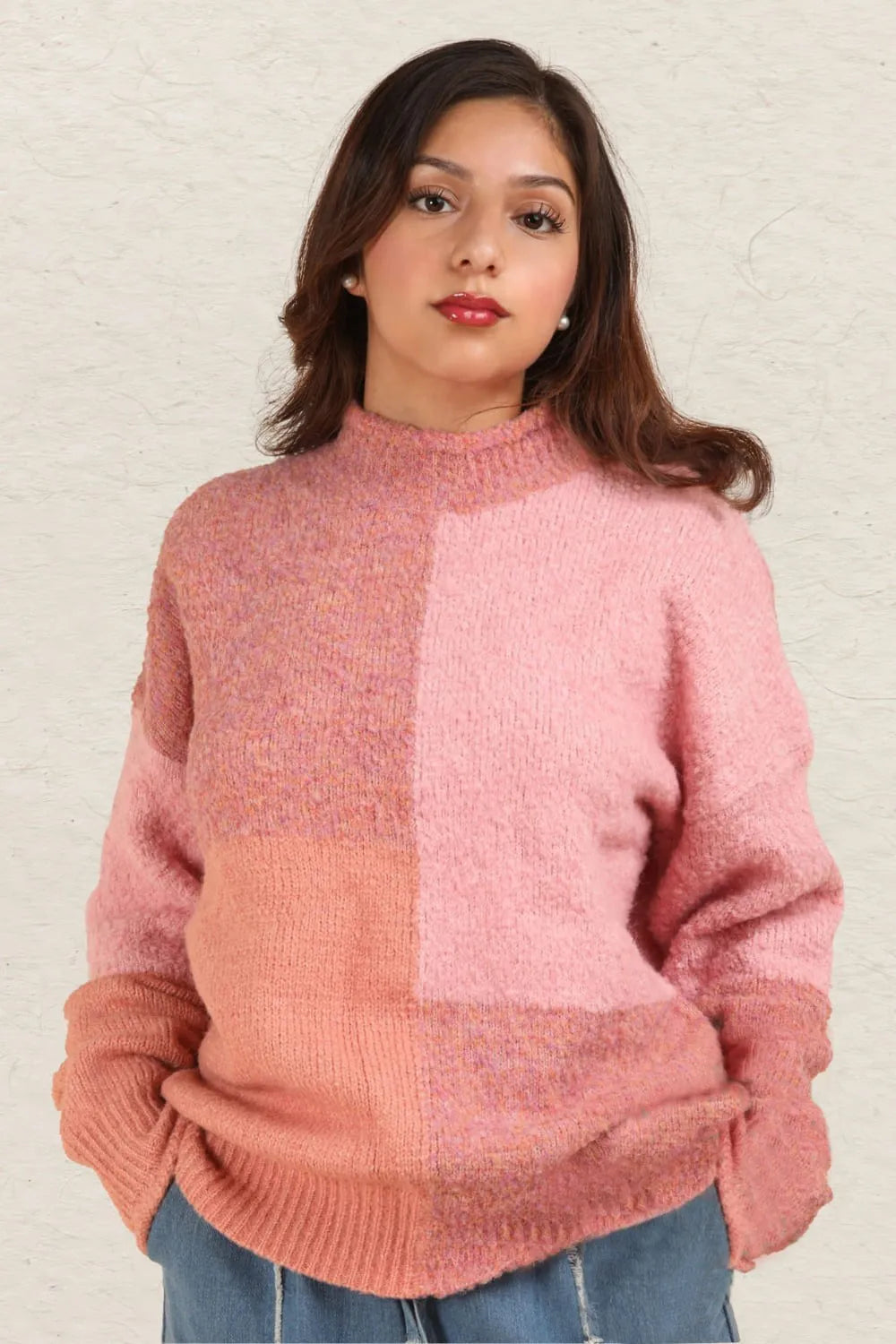 VERY J Color Block Mock Neck Drop Shoulder Sweater Pink a528d1bc-7226-418a-8e3c-cd5312e5985e-Max