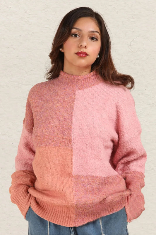 VERY J Color Block Mock Neck Drop Shoulder Sweater Pink a528d1bc-7226-418a-8e3c-cd5312e5985e-Max