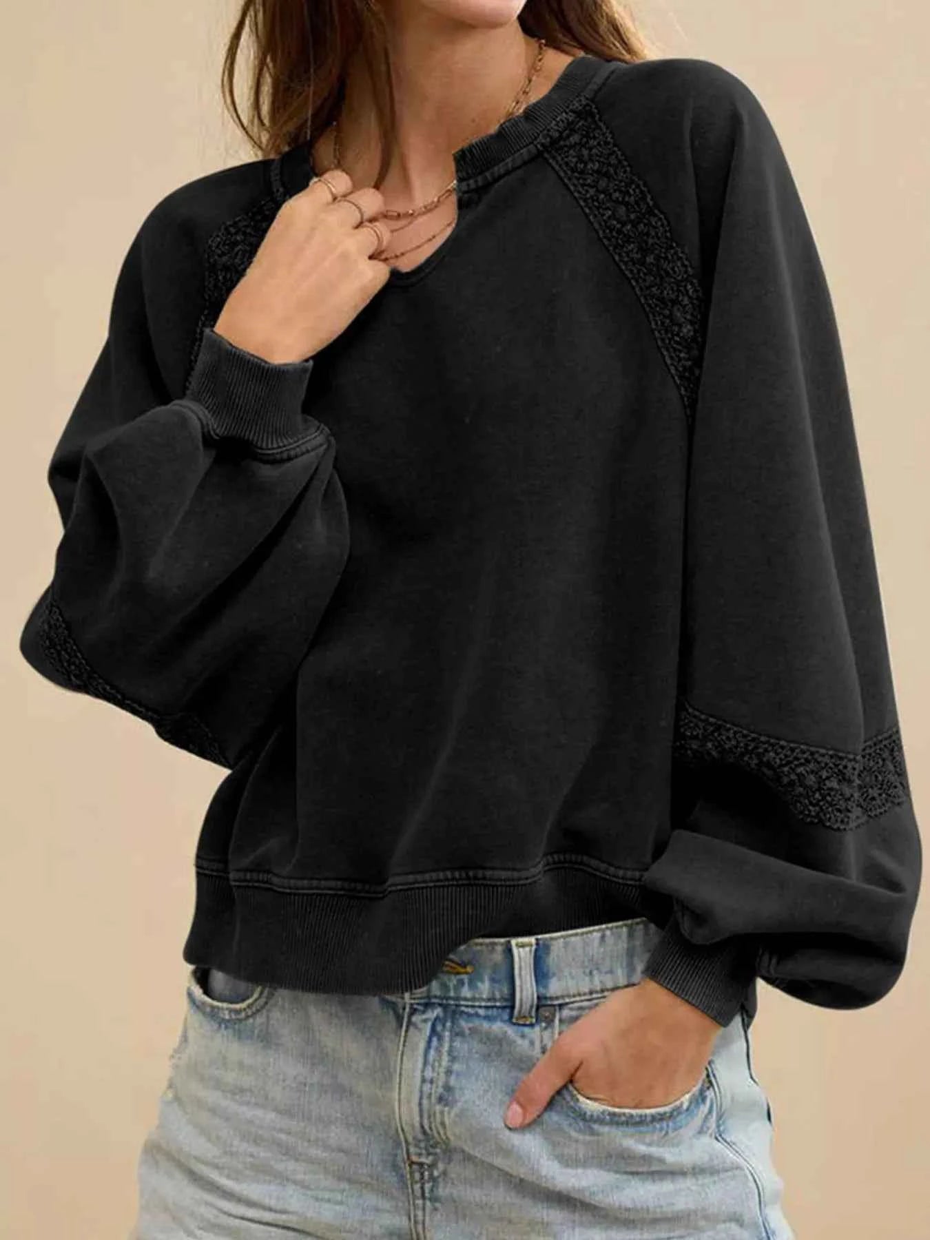 Notched Raglan Sleeve Sweatshirt Black a5299482-690a-4bd4-83c1-14d99b9834a4-Max-Origin