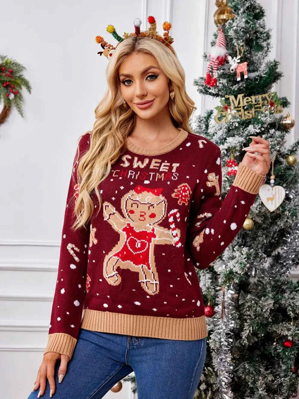 Gingerbread Round Neck Long Sleeve Sweater Burgundy a52ecba6-57f1-4d13-bf56-bcf77ee4bead-Max