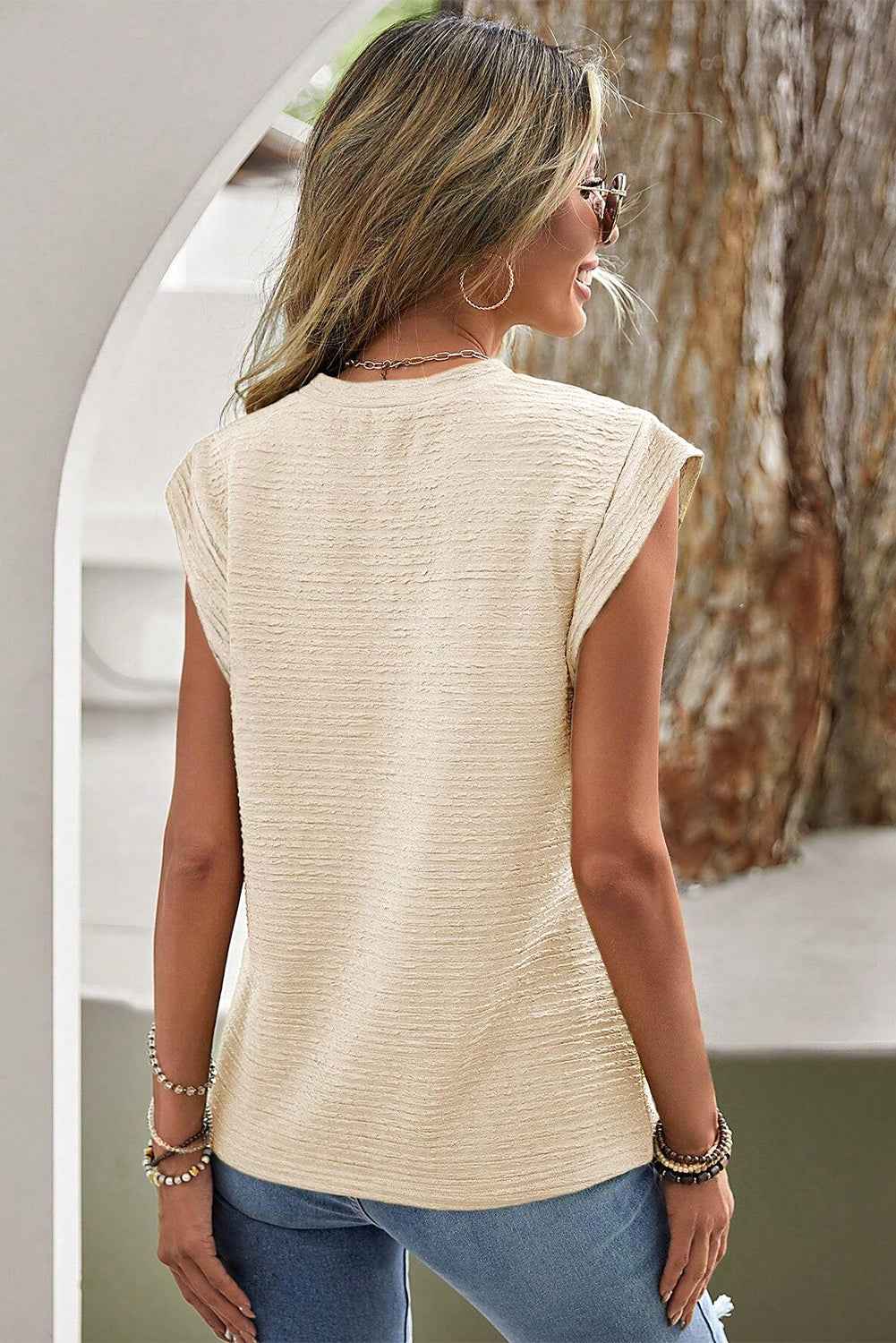 Beige Textured Round Neck Sleeveless Shirt Beige a532c6656de94e54