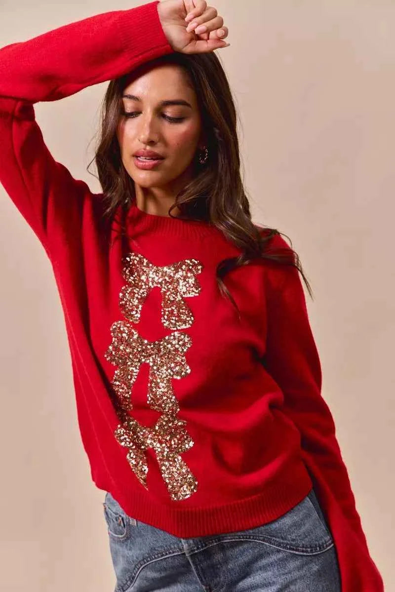 SO ME Sequins Bow Ribbon Embellished Christmas Sweater a53c8833ed934589b5048849050ce877-Max-Origin