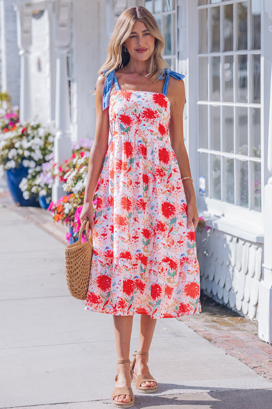 Red Floral Print Contrast Stitched Knot Denim Straps High Waist Dress a53d47c889863110