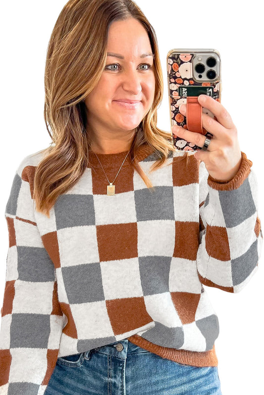Brown Colorblock Checkered Drop Sleeve Plus Size Sweater Brown 52%Viscose+26%Polyester+22%Polyamide a54871c22b8df5e7