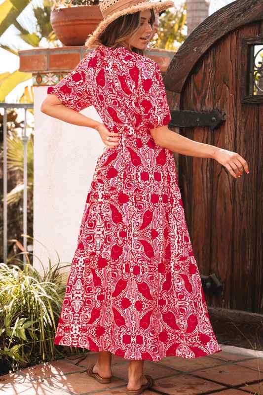 Paisley Side Slit Puff Sleeve Maxi Dress a548865c-6122-4367-aefa-e034b5867242