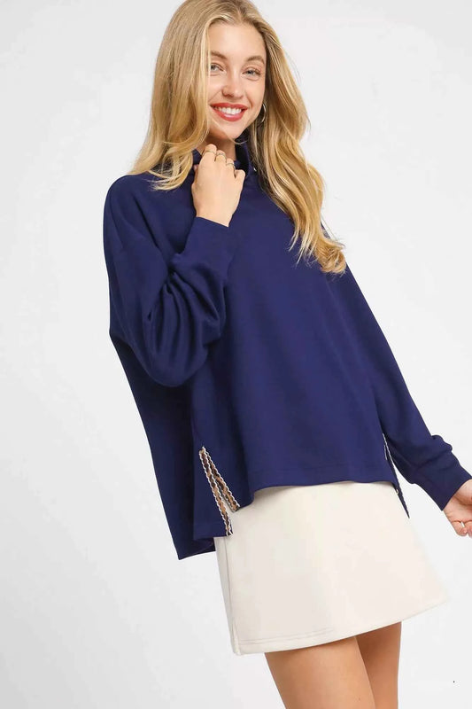 Umgee Turtle Neck Dolman Sleeve Side Slit Sweater with Contrast Detail a54c24ba-d1ce-4240-9c88-c6ed45329d0b-Max-Origin