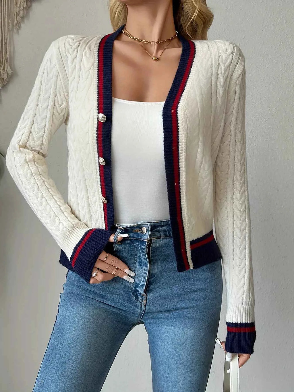 Contrast Trim Cable Knit Cardigan a552ed7be5304620ac677949981737a4-Max-Origin
