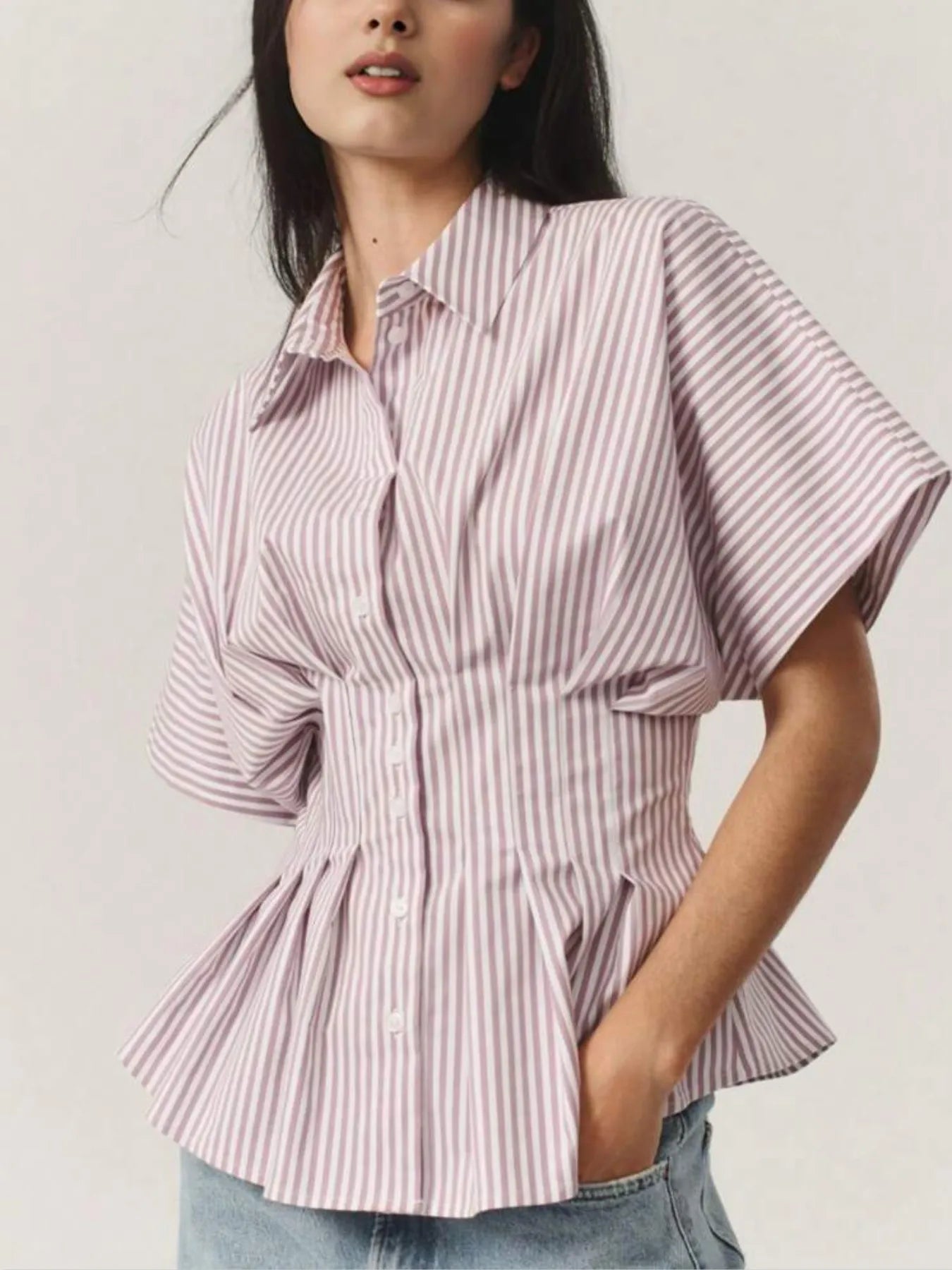 Striped Short Sleeve Button-Up Shirt Blush Pink a5560a31-7e56-45ef-b185-5b092bbbab51-Max-Origin