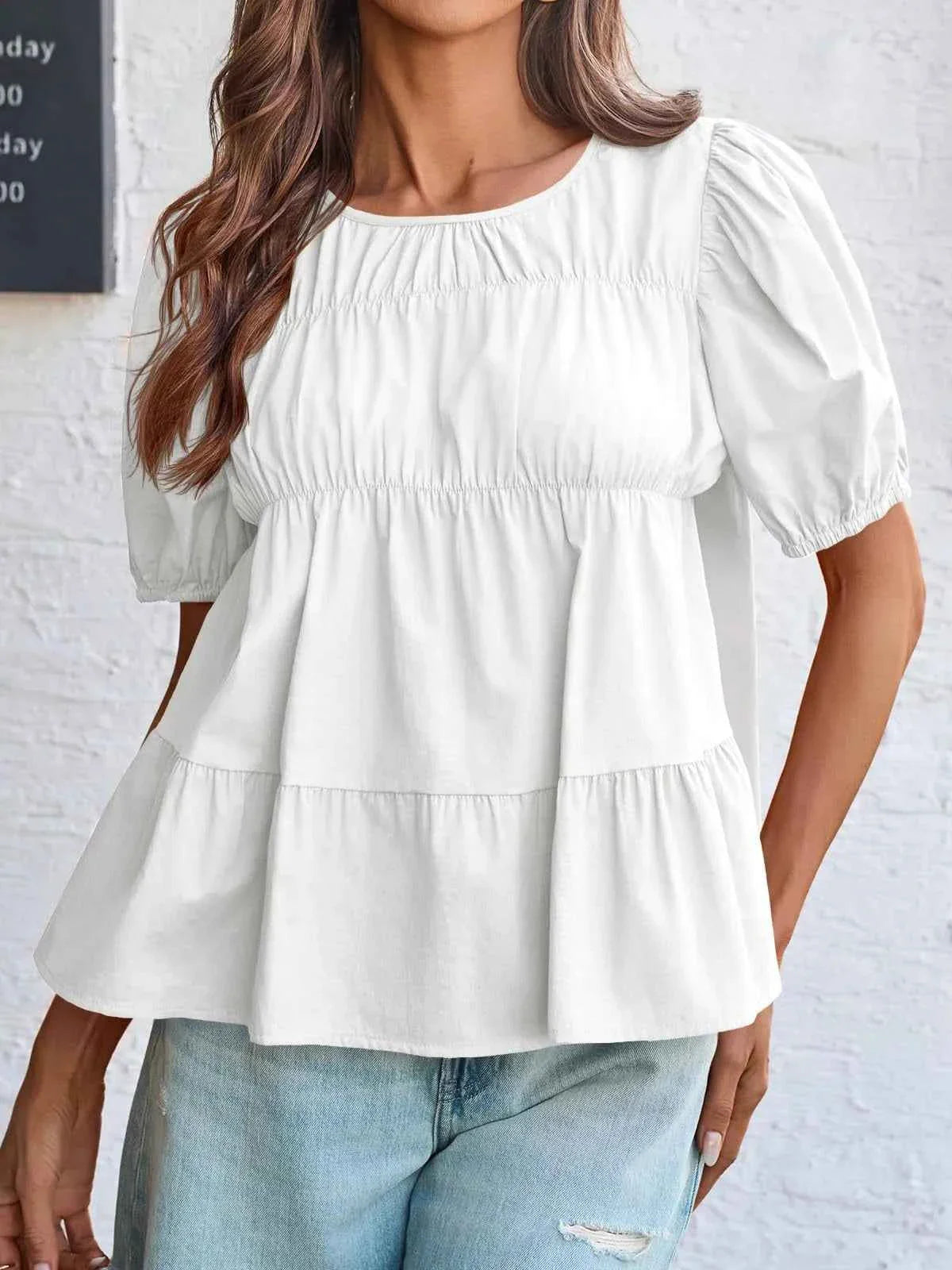 Round Neck Puff Sleeve Tiered Blouse White a55850e1-6f1b-4c0f-b4f3-a802c8df79f6-Max-Origin