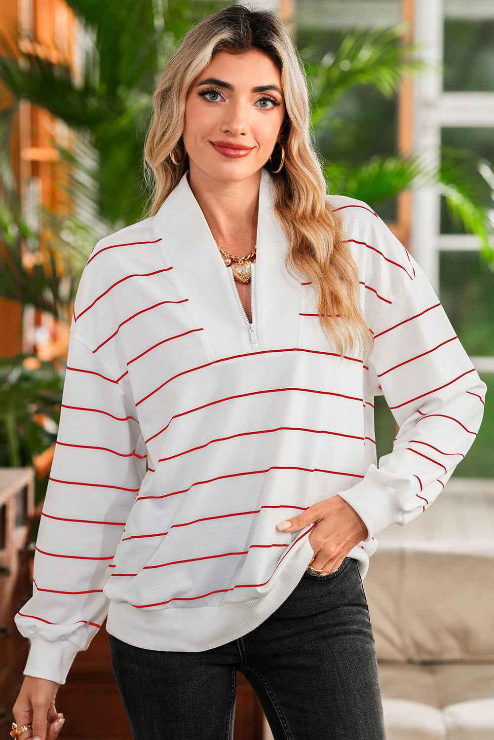 Fiery Red Striped Zipper V-Neck Drop Sleeve Top a55949b9ba21668d