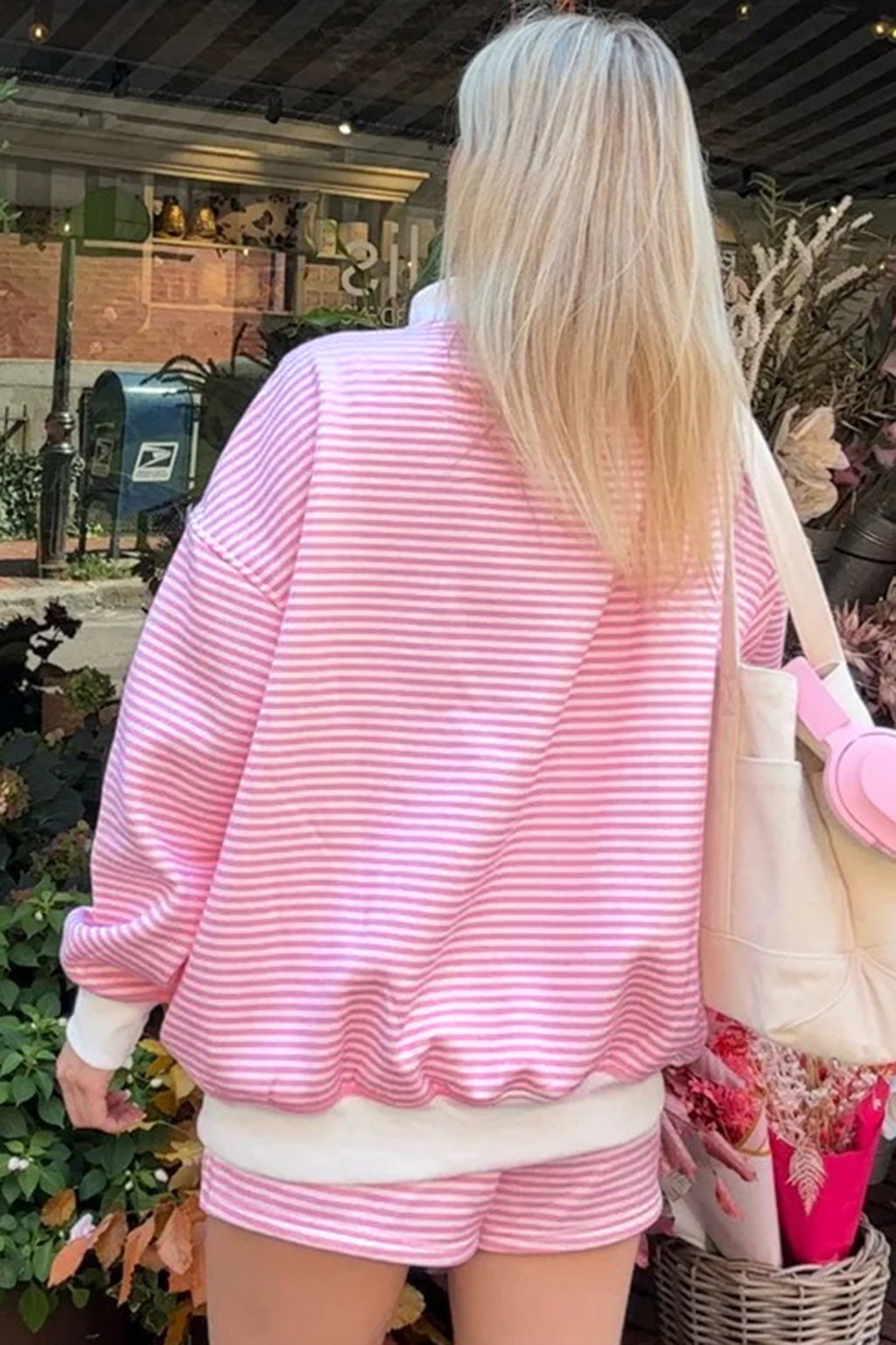 Pink Stripe Oversize Mock Neck Sweatshirt and Shorts Set a55b65a0d305263a