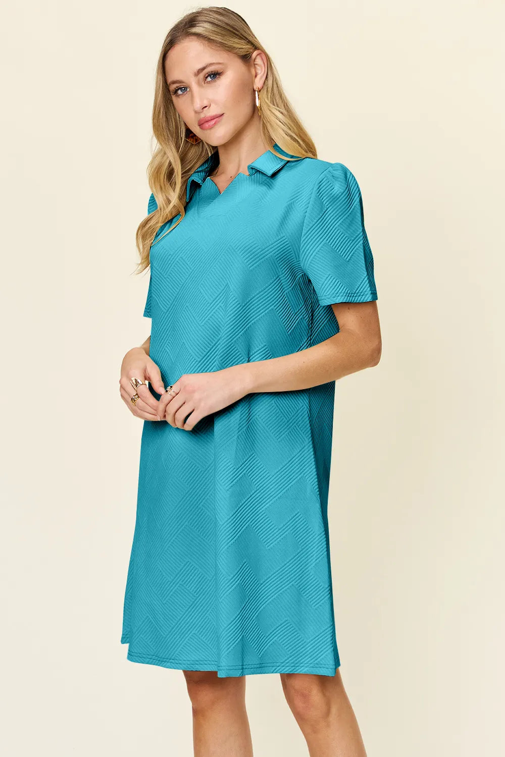 Double Take Full Size Texture Collared Neck Short Sleeve Dress Pastel Blue a55e8356-e40f-4ab6-9380-4530671e395f-Max