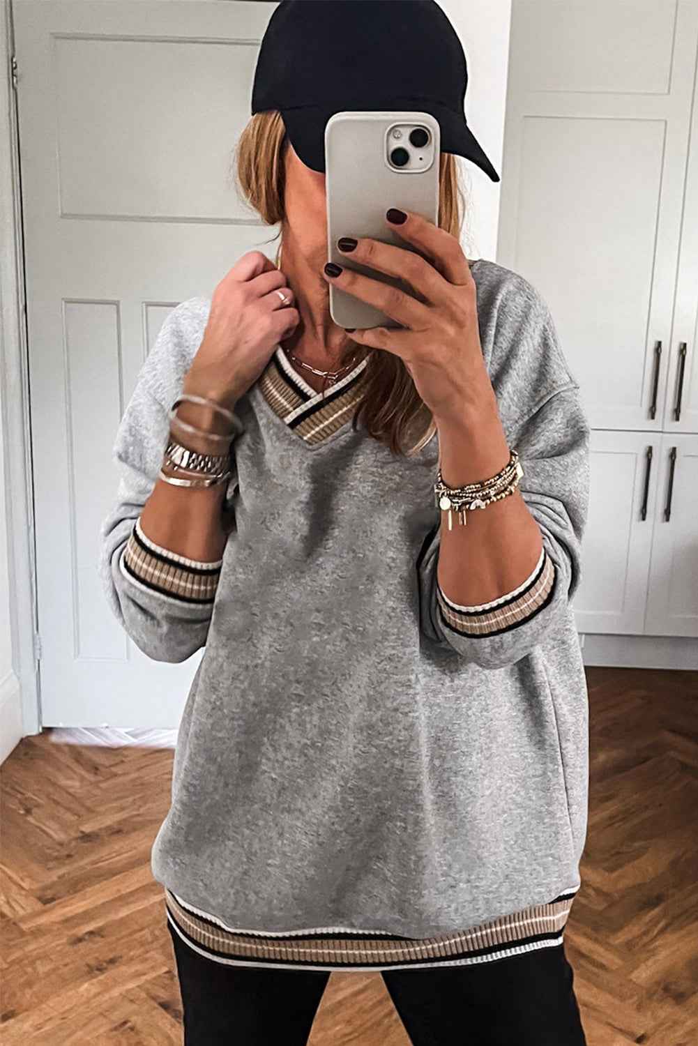 Parchment Varsity Contrast Trim V Neck Sweatshirt a55ee41c87448016