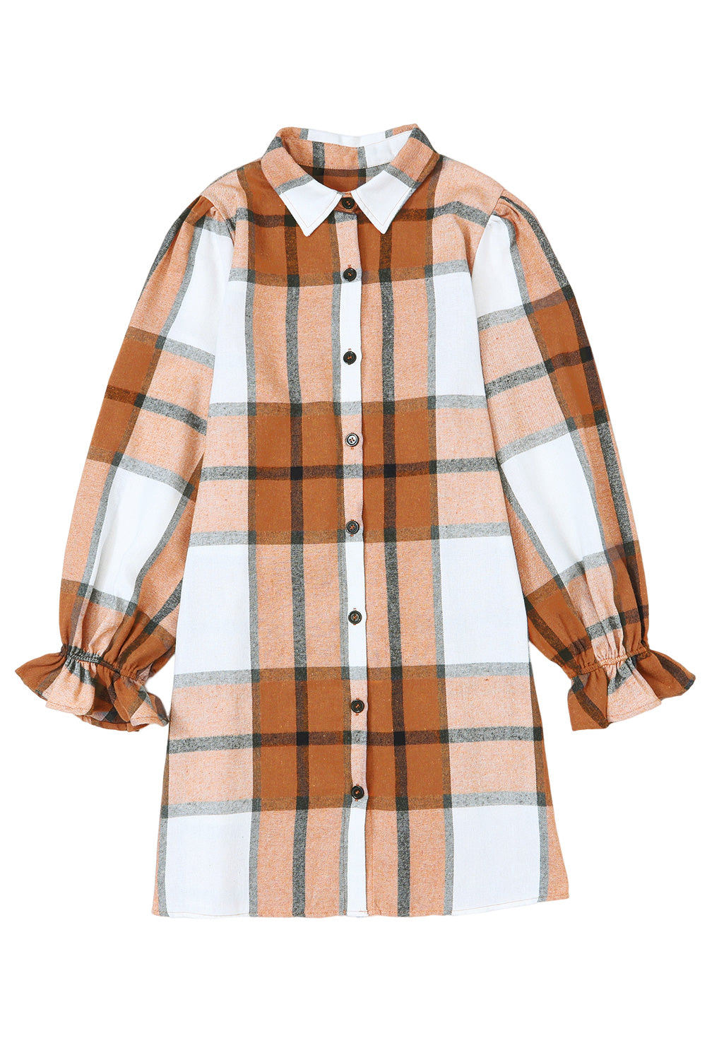 Khaki Plaid Pattern Collared Neck Ruffled Sleeve Shirt Dress a55fb9056ba31042