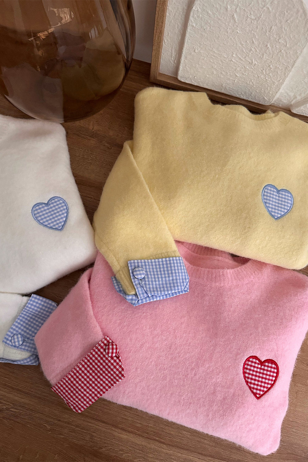 White Plaid Heart Embroidered Cuffed Drop Shoulder Crew Neck Sweater a5601393e717ed59