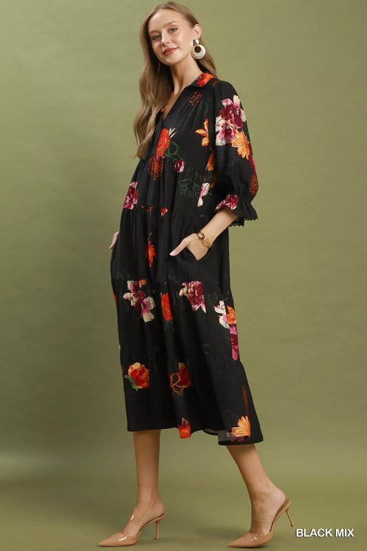 Floral Print Tiered Midi Dress with Puff Sleeves a56968b1-bd02-42e8-bfda-43d812276252-Max-Origin