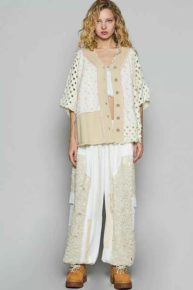 POL Button Down V-Neck Jacket with Printed Woven Patchwork a56eb617-8fbf-417a-a7b3-70d62ba3e005-Max-Origin