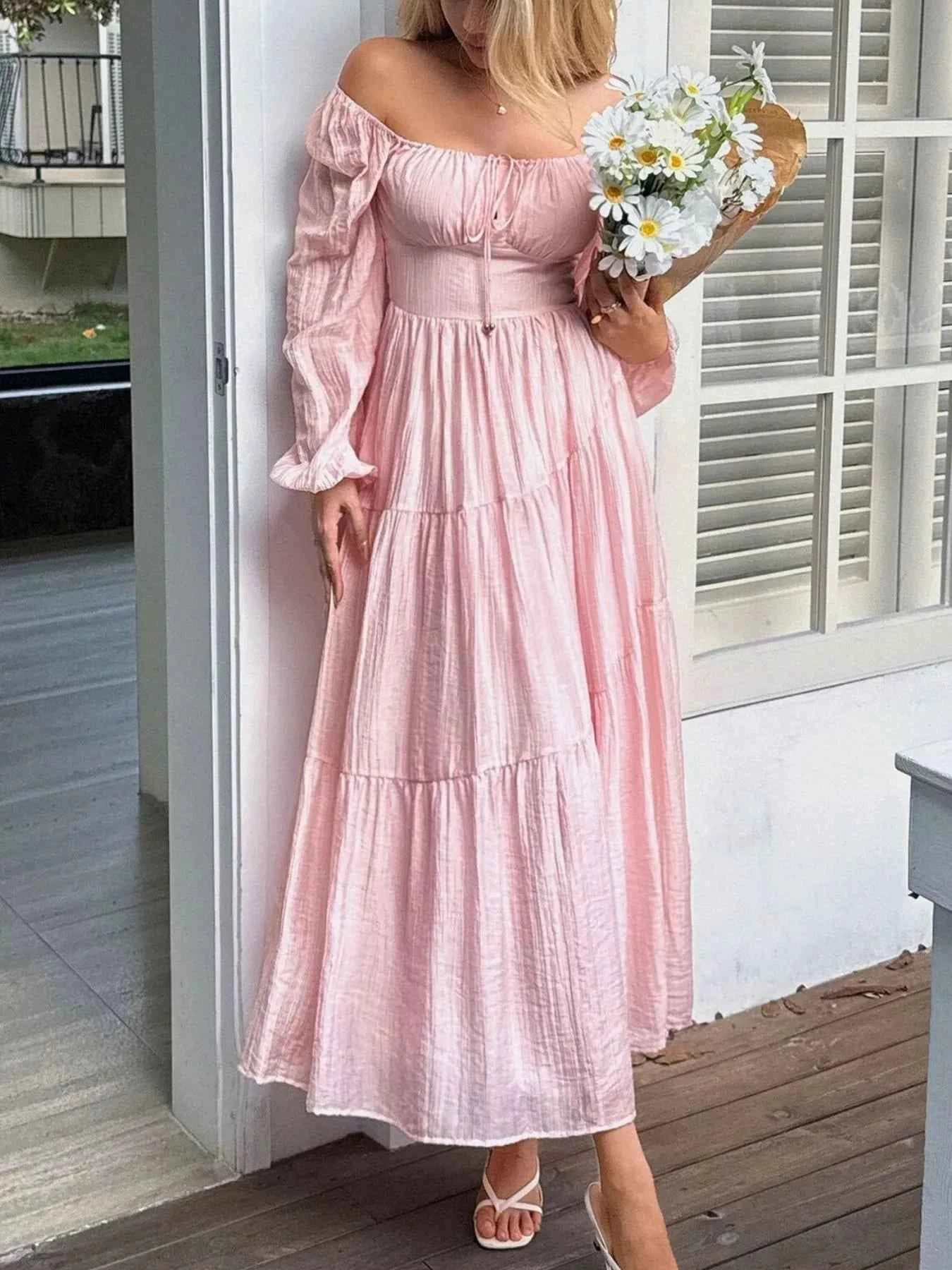 Tiered Balloon Sleeve Midi Dress Pink a57245d4-9d97-413e-a0ab-32f025ba113c-Max-Origin