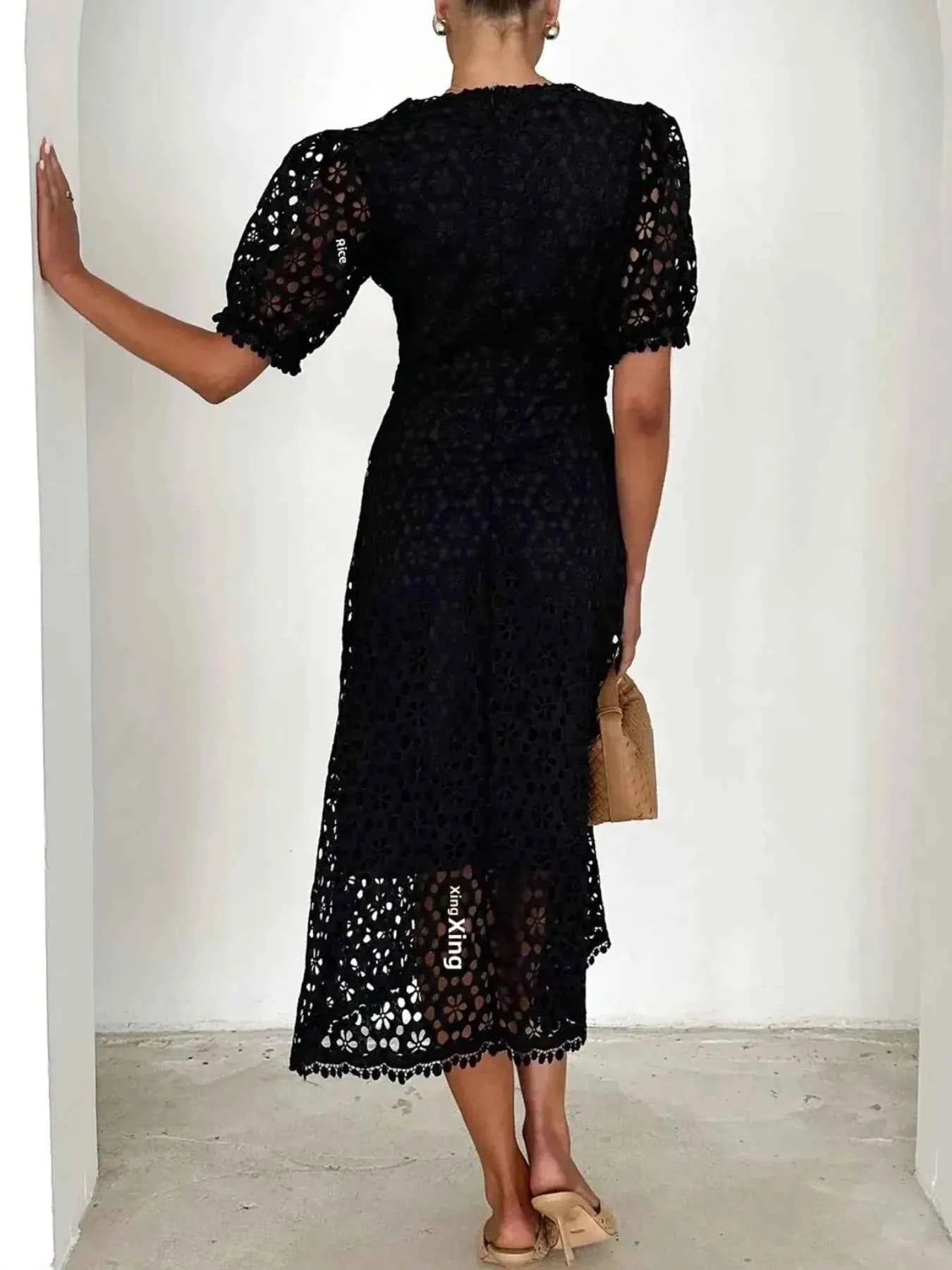 Eyelet Lace V-Neck Midi Dress with Puff Sleeves a5775c4e-1f63-48e2-8355-946c889790d2-Max-Origin