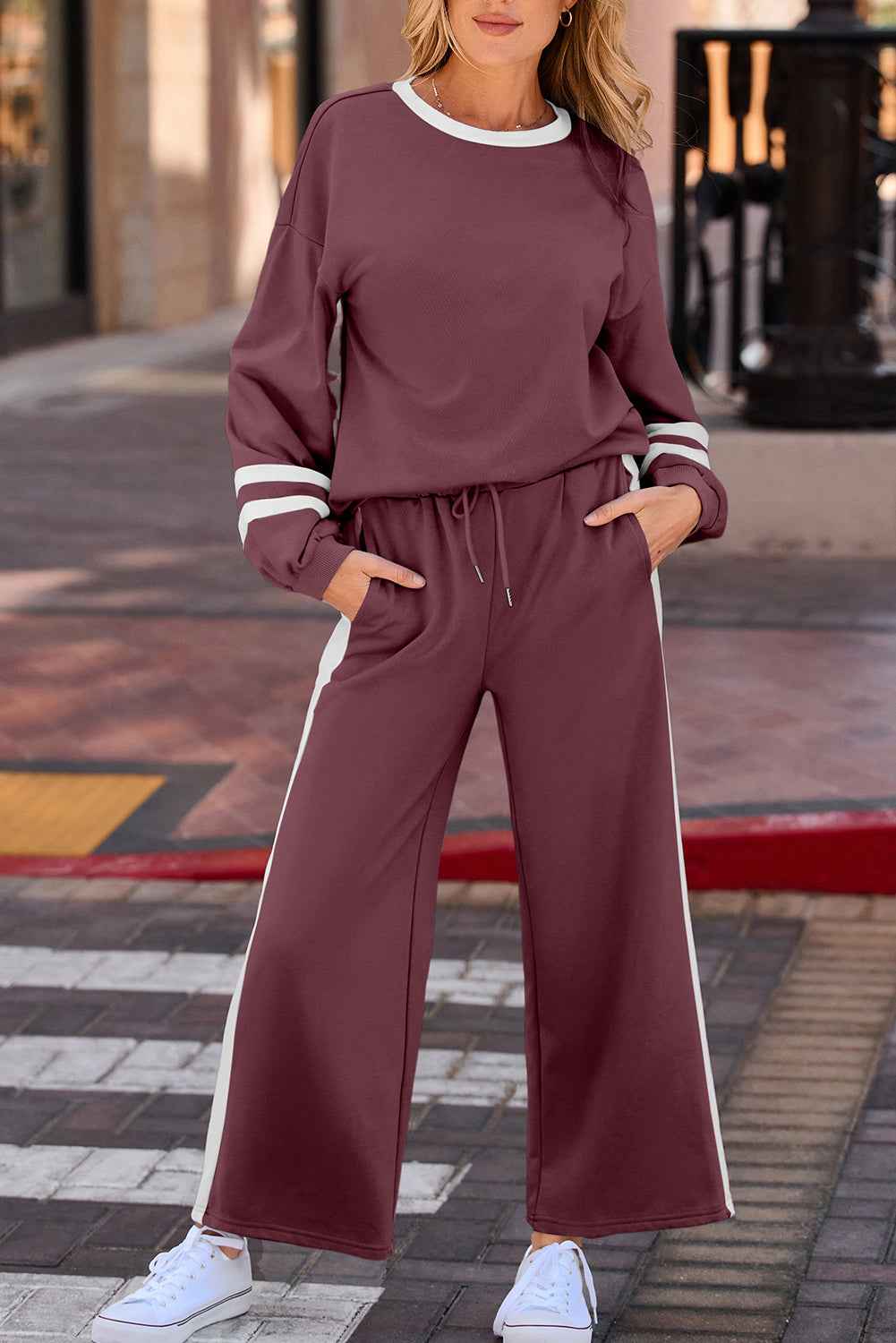 Mineral Red Varsity Stripe Patchwork Puff Sleeve Pullover Drawstring Wide Leg Pant Set a57e615a45b3231f