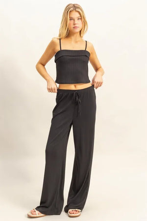 Rib Knit Cami Top and Pants Set BLACK a5846a4fe5f84fa4b86e5ceb4e0593ac-Max-Origin