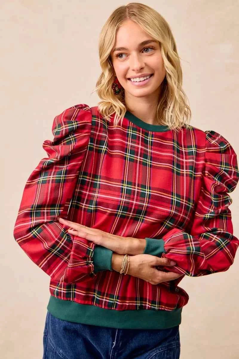 Christmas Plaid Exaggerated Shoulder Sleeves Top a5871abb1b8648268db64d0a7dcc7aeb-Max-Origin