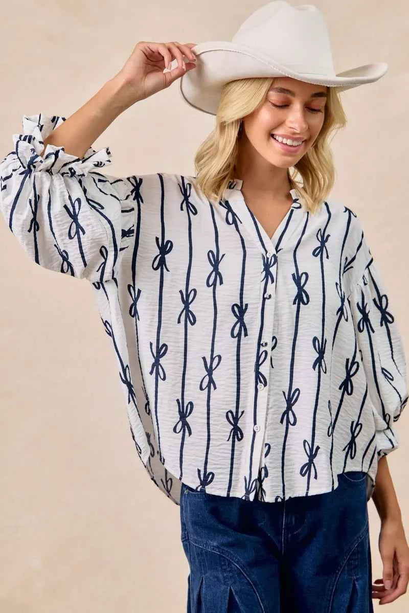Bow Ribbon Printed Woven Bubble Sleeves Top a58de17e7fe84060aad890e34aaae92a-Max-Origin